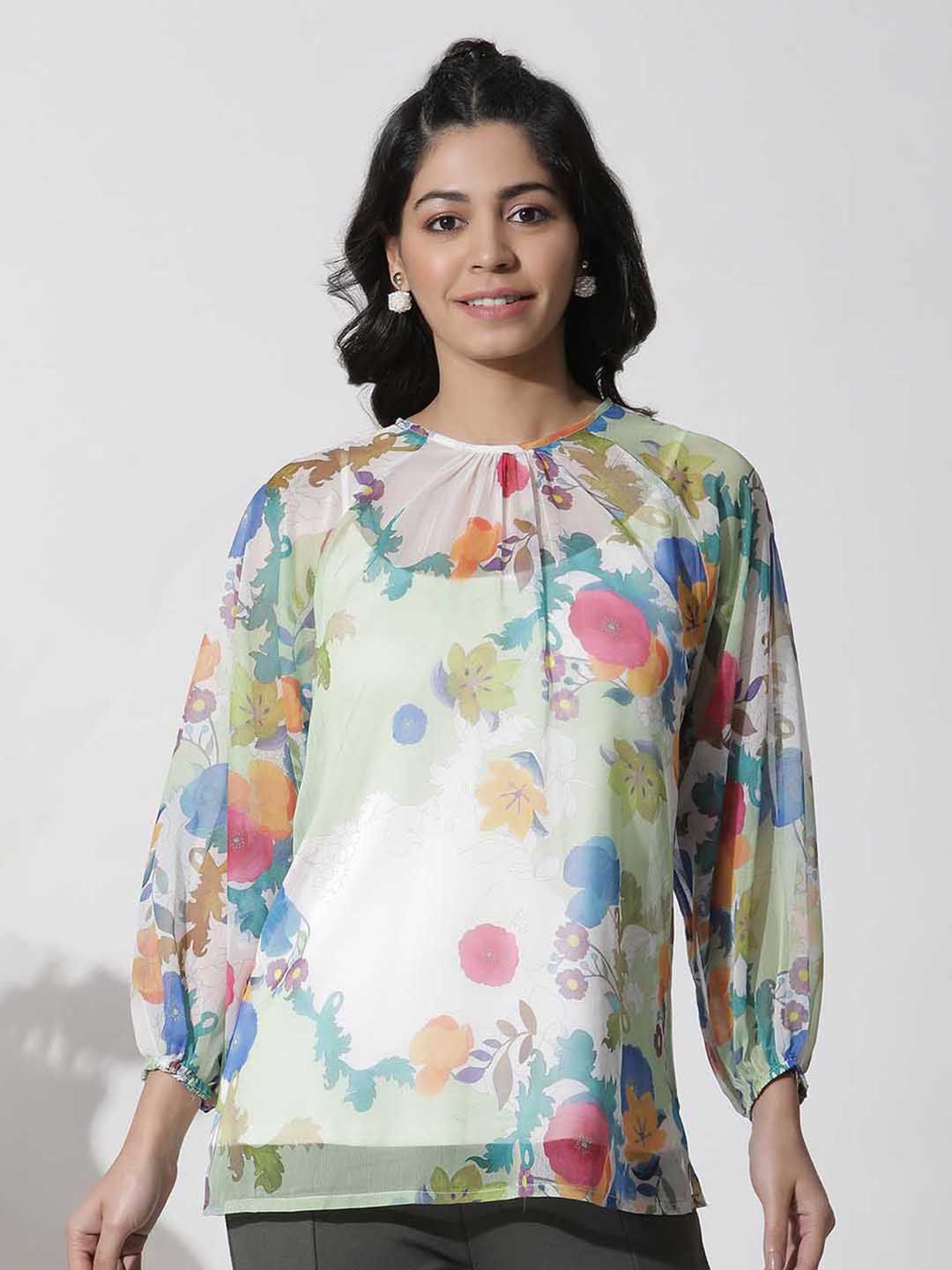 W Floral Printed Puffed Sleeves Pure Chiffon Top