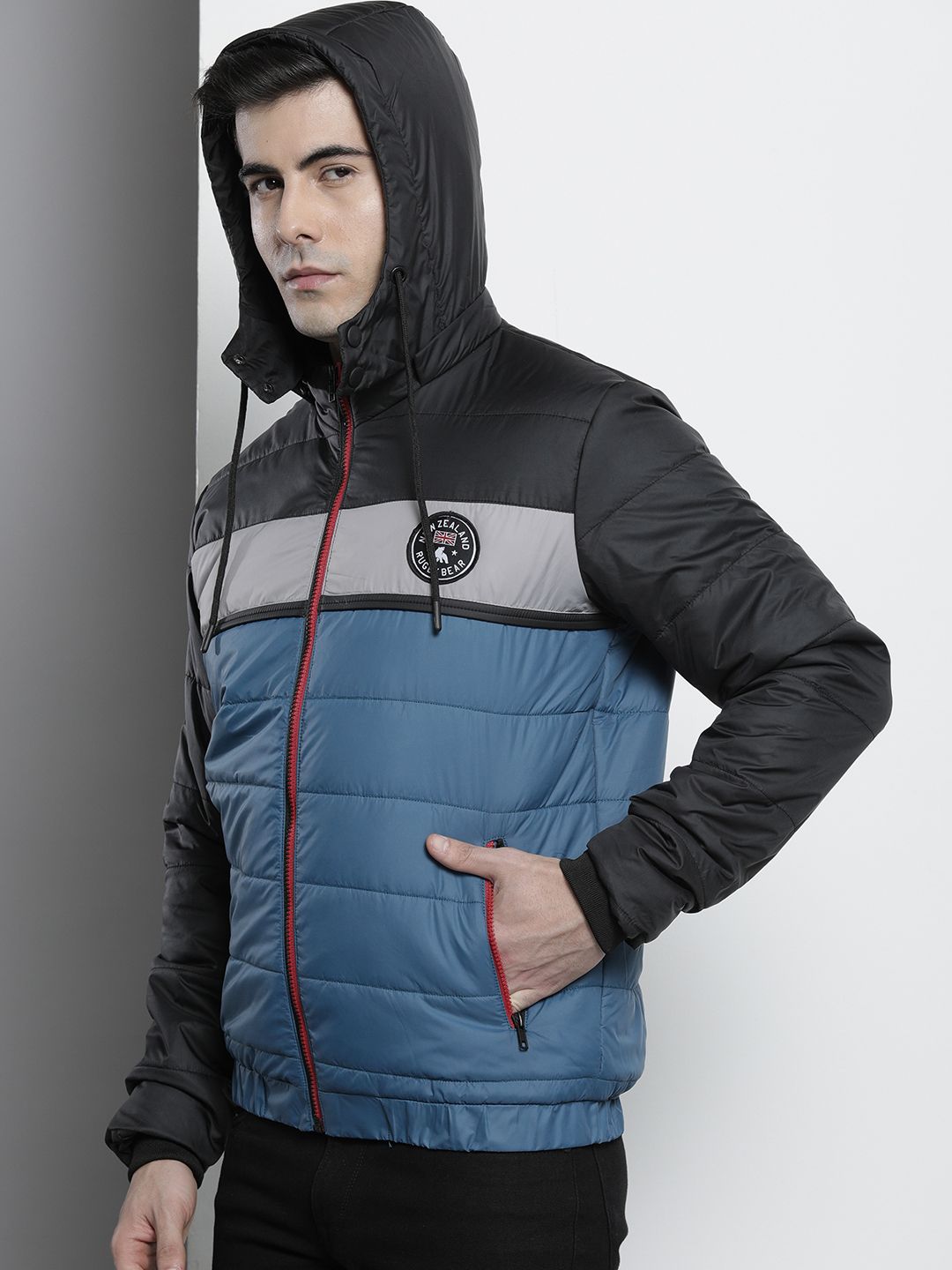 The Indian Garage Co Men Colourblock Puffer Jacket with Detachable Hood