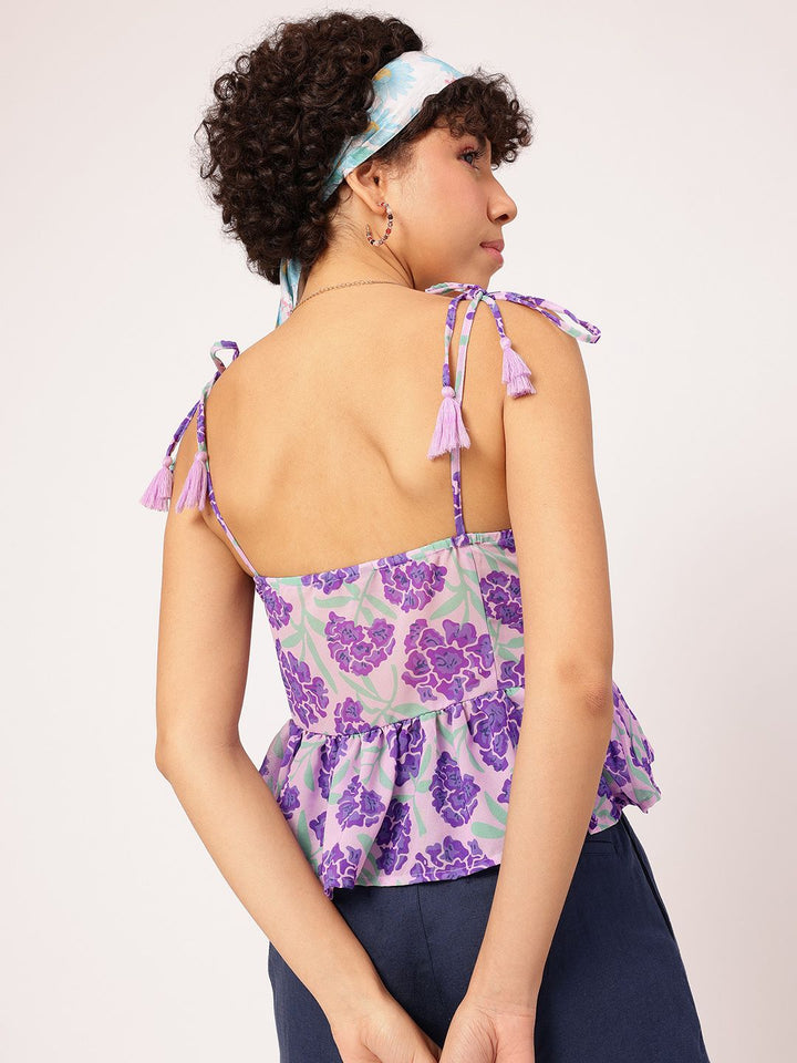 DressBerry Blossom-Brigade Floral Printed Shoulder Straps Peplum Top