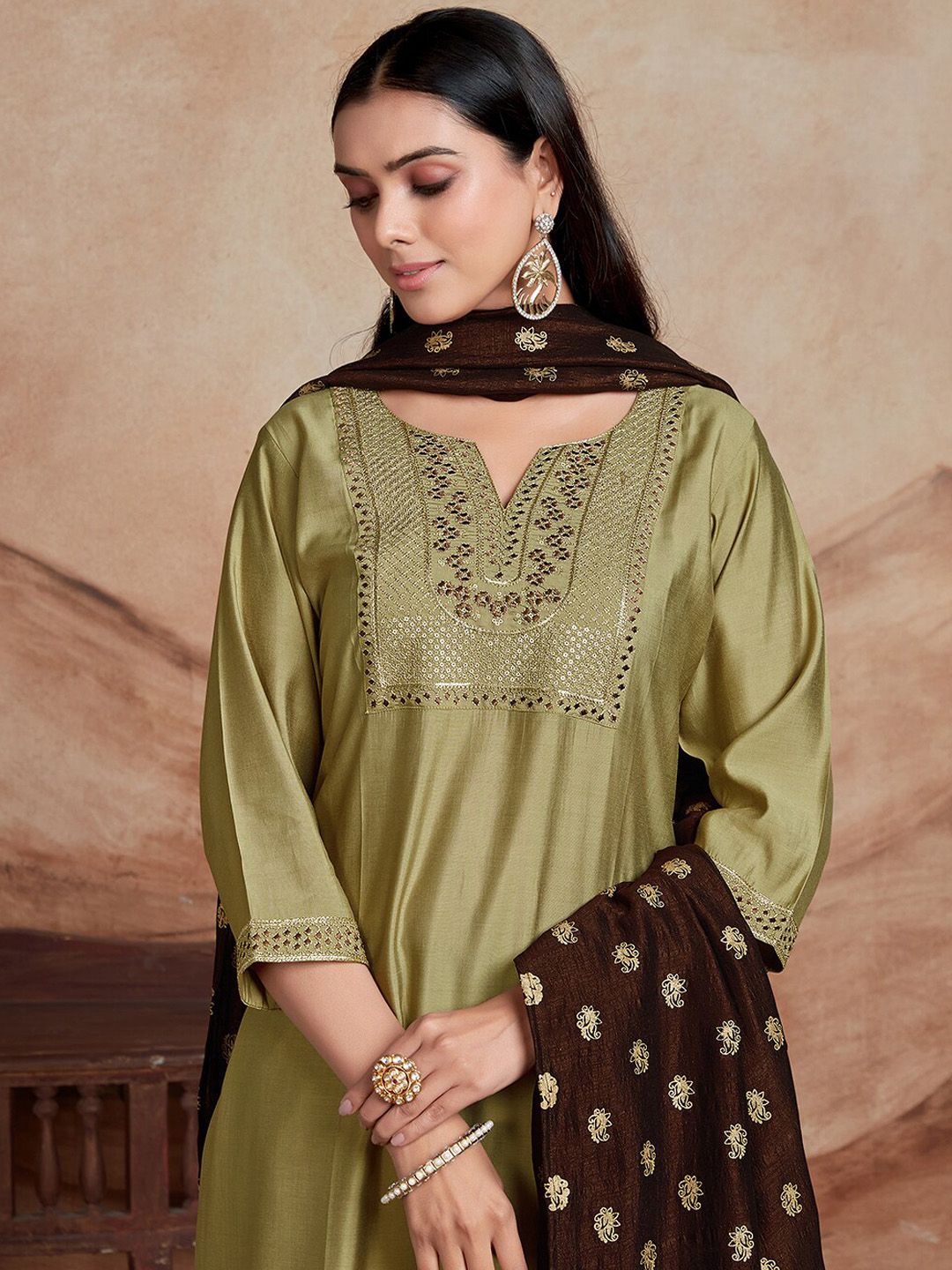 KALINI Ethnic Motifs Yoke Design Chanderi Silk Straight Kurta With Palazzos & Dupatta