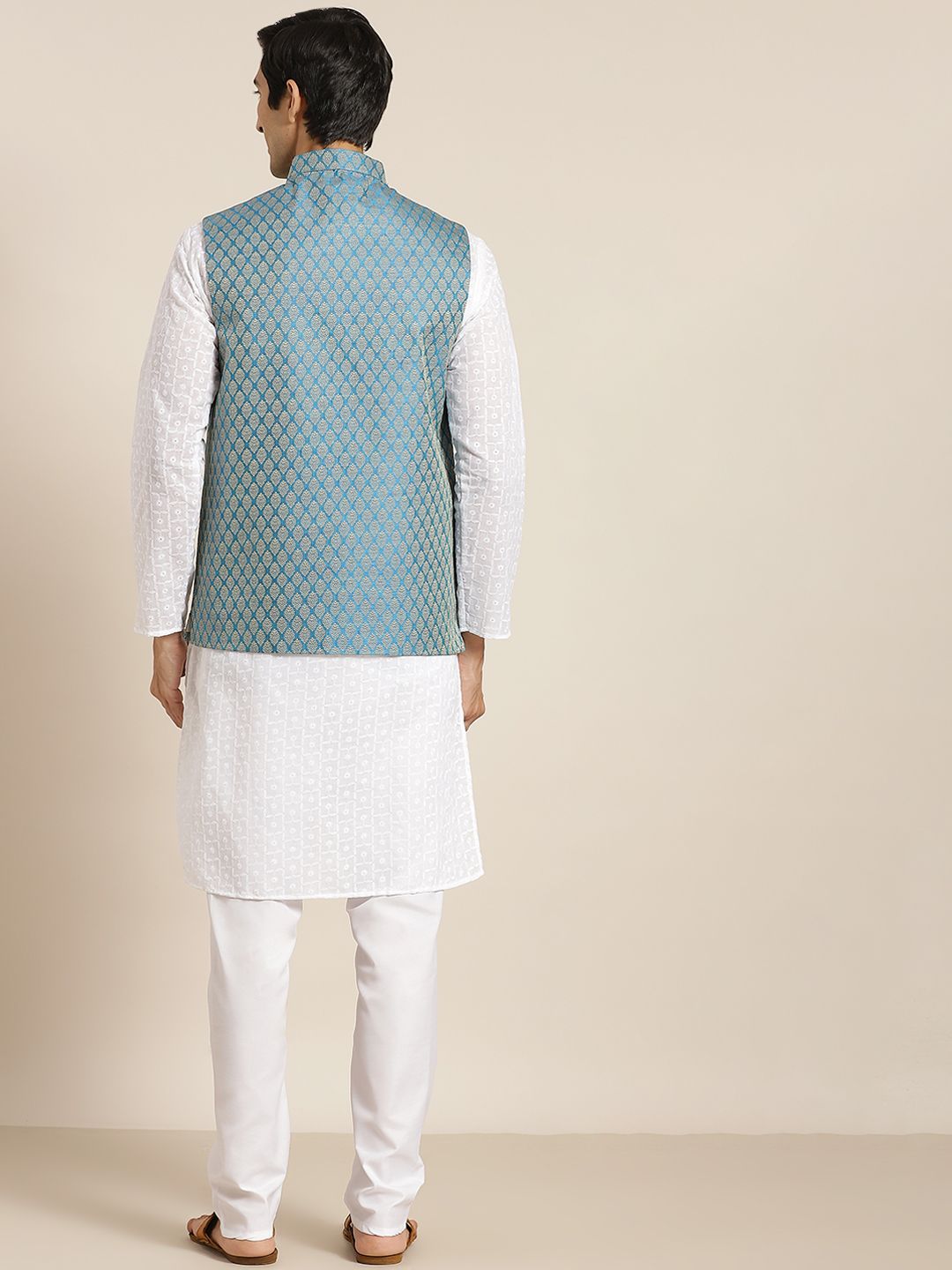 SOJANYA Men White Chikankari Pure Cotton Kurta with Churidar & Nehru Jacket