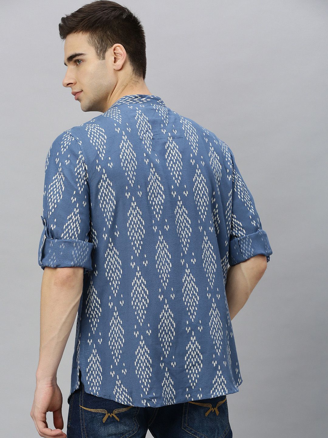Anouk Men Navy Blue & Off-White Printed Straight Short Kurta