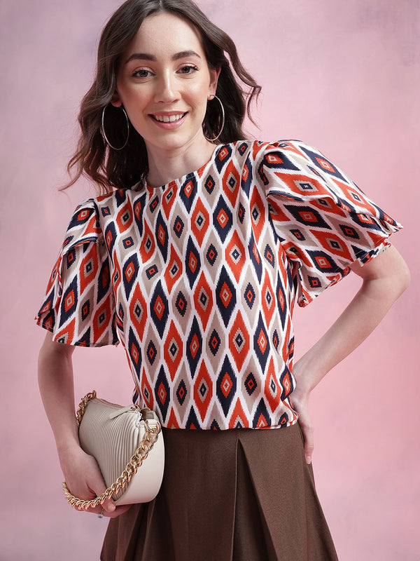 DressBerry Ikat Print Tulip-Style Flared Sleeves Top