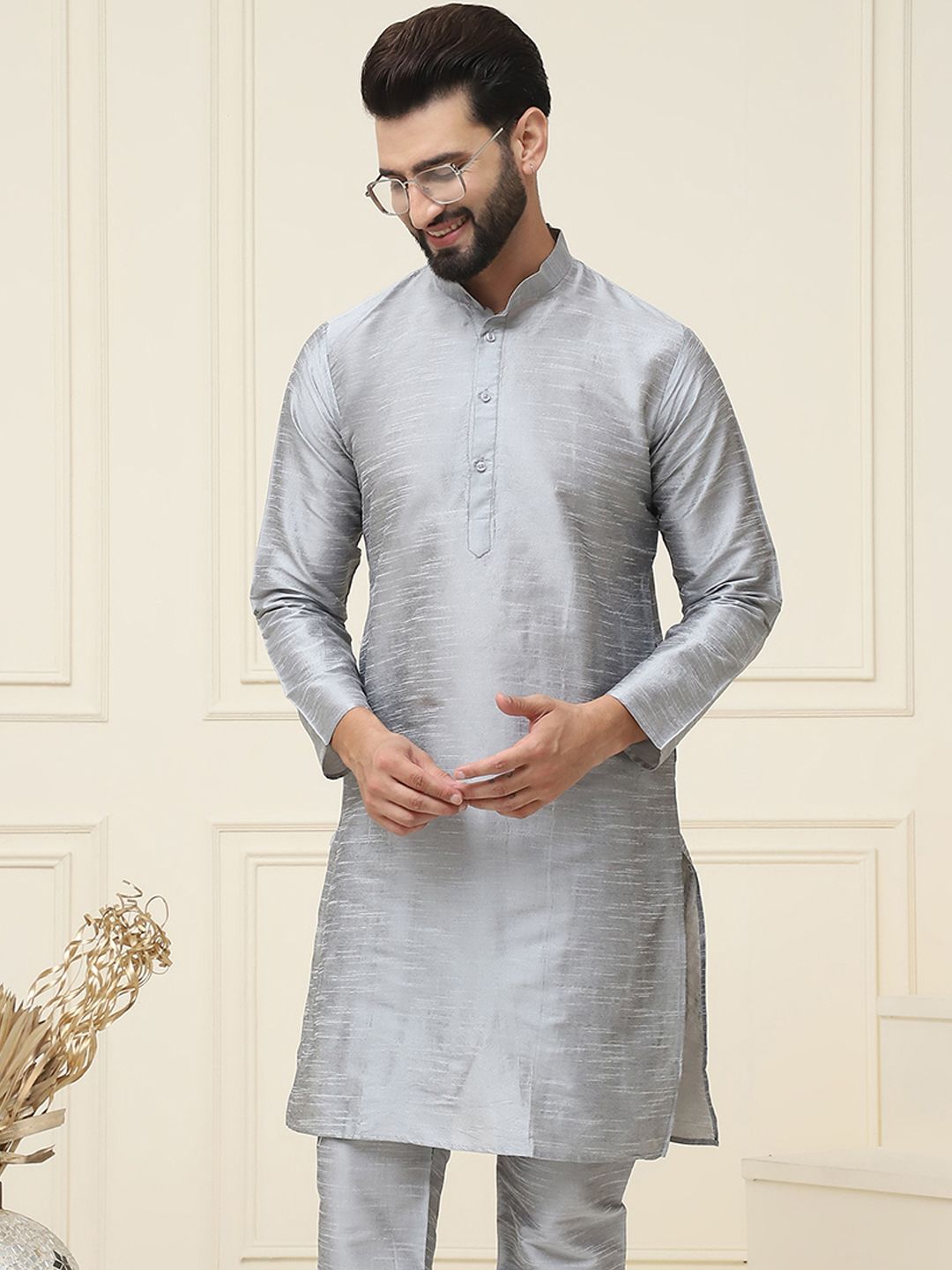 SOJANYA Lelaki Grey Solid Kurta Lurus