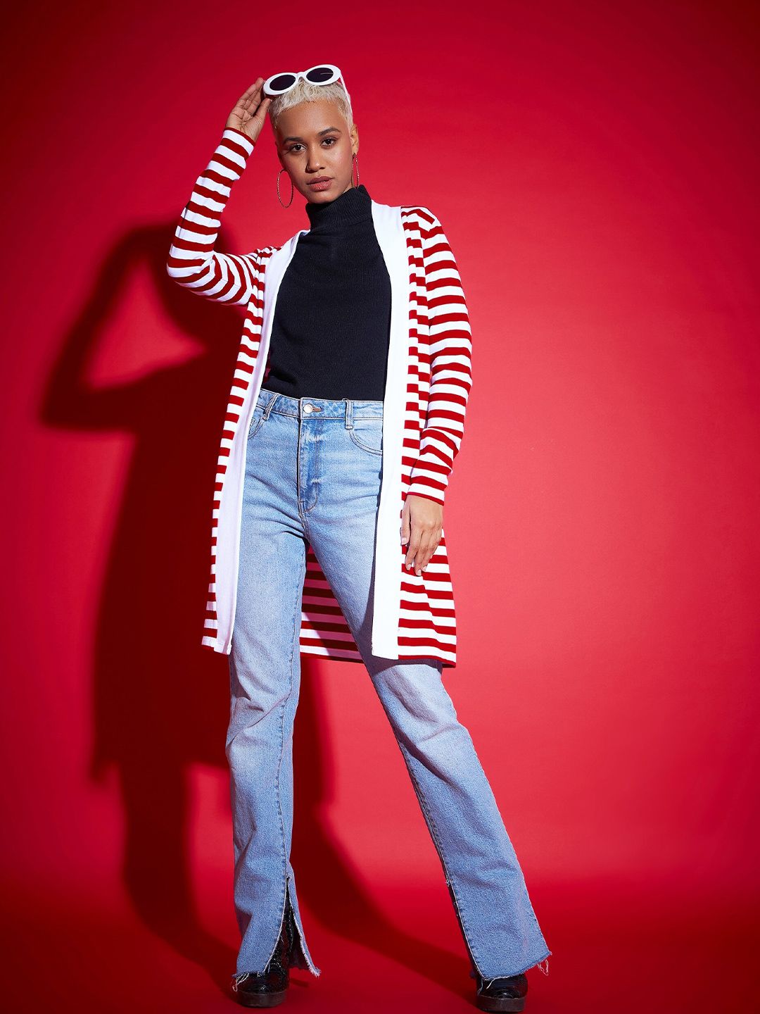SASSAFRAS Red Striped Longline Shrug
