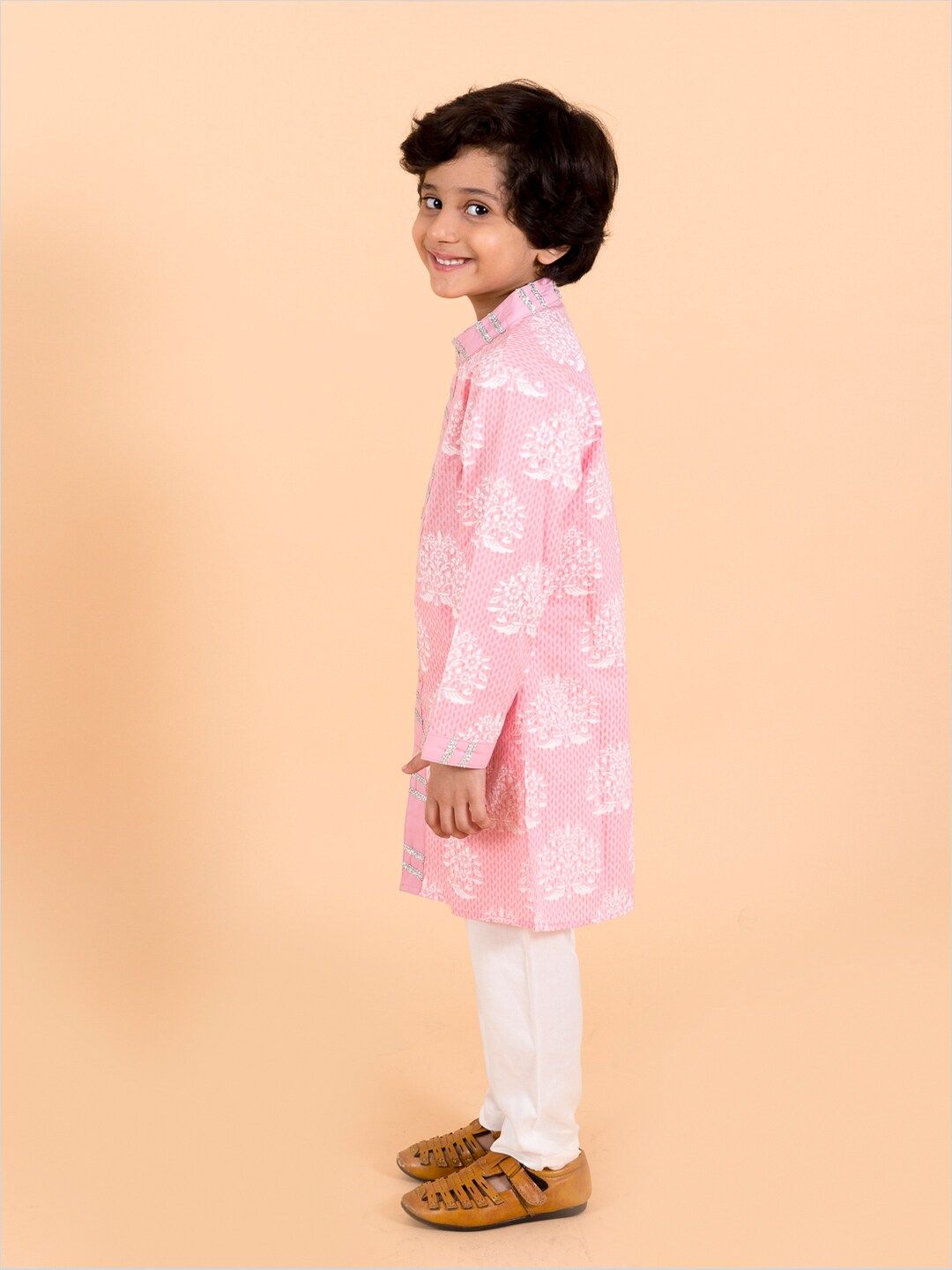 pspeaches Boys Pink Floral Printed Panelled Pure Cotton Kurta with Pyjamas