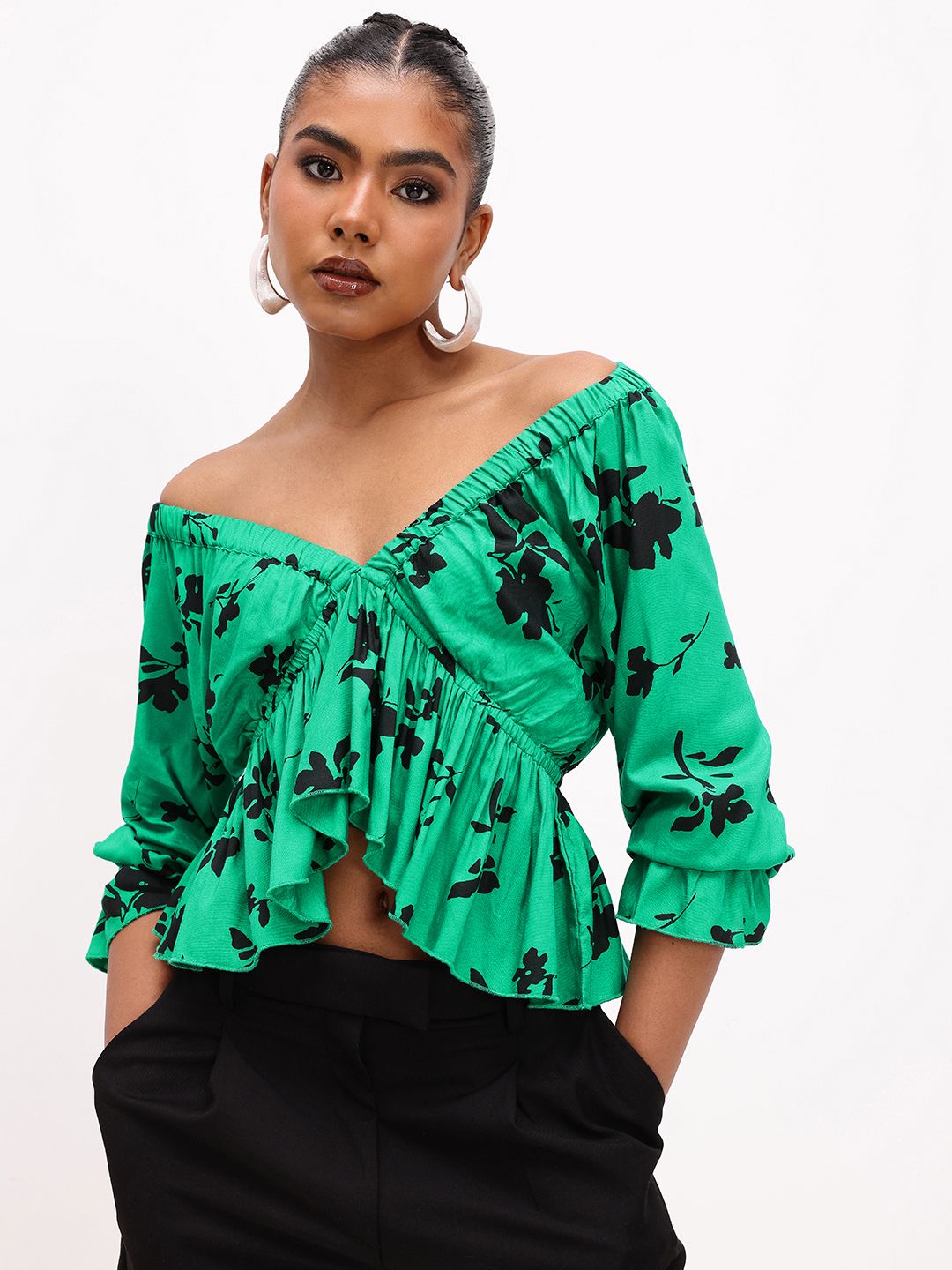 DressBerry leafy Floral Print Off-Shoulder A-Line Top