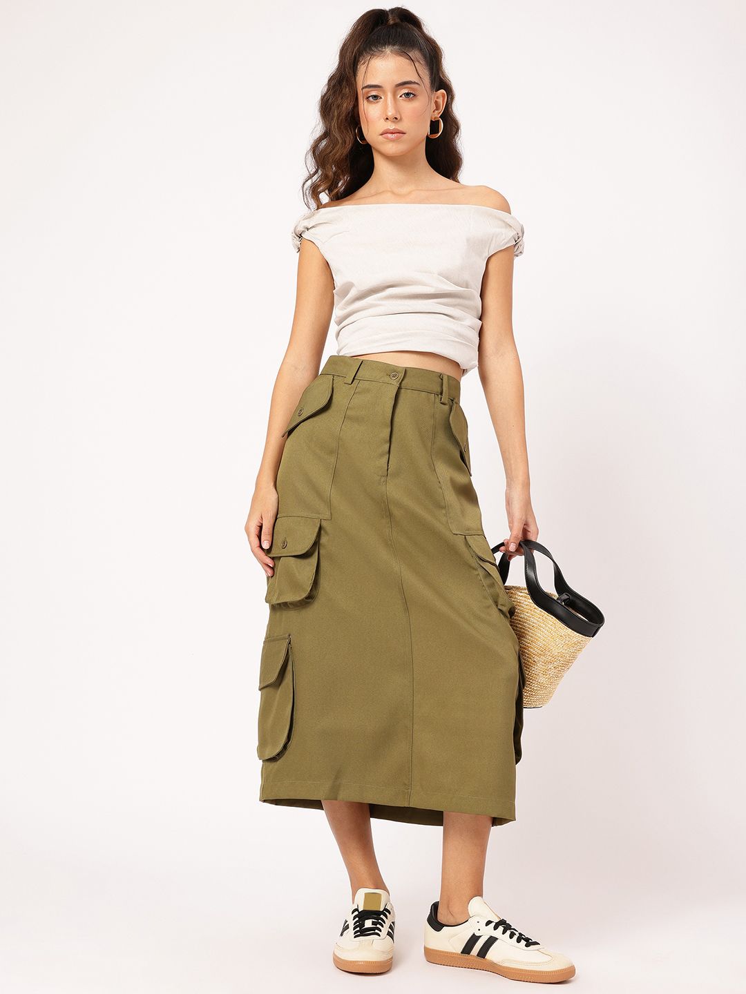 DressBerry Utility Chic Multi Pockets Cargo Styles Midi A-Line Skirt