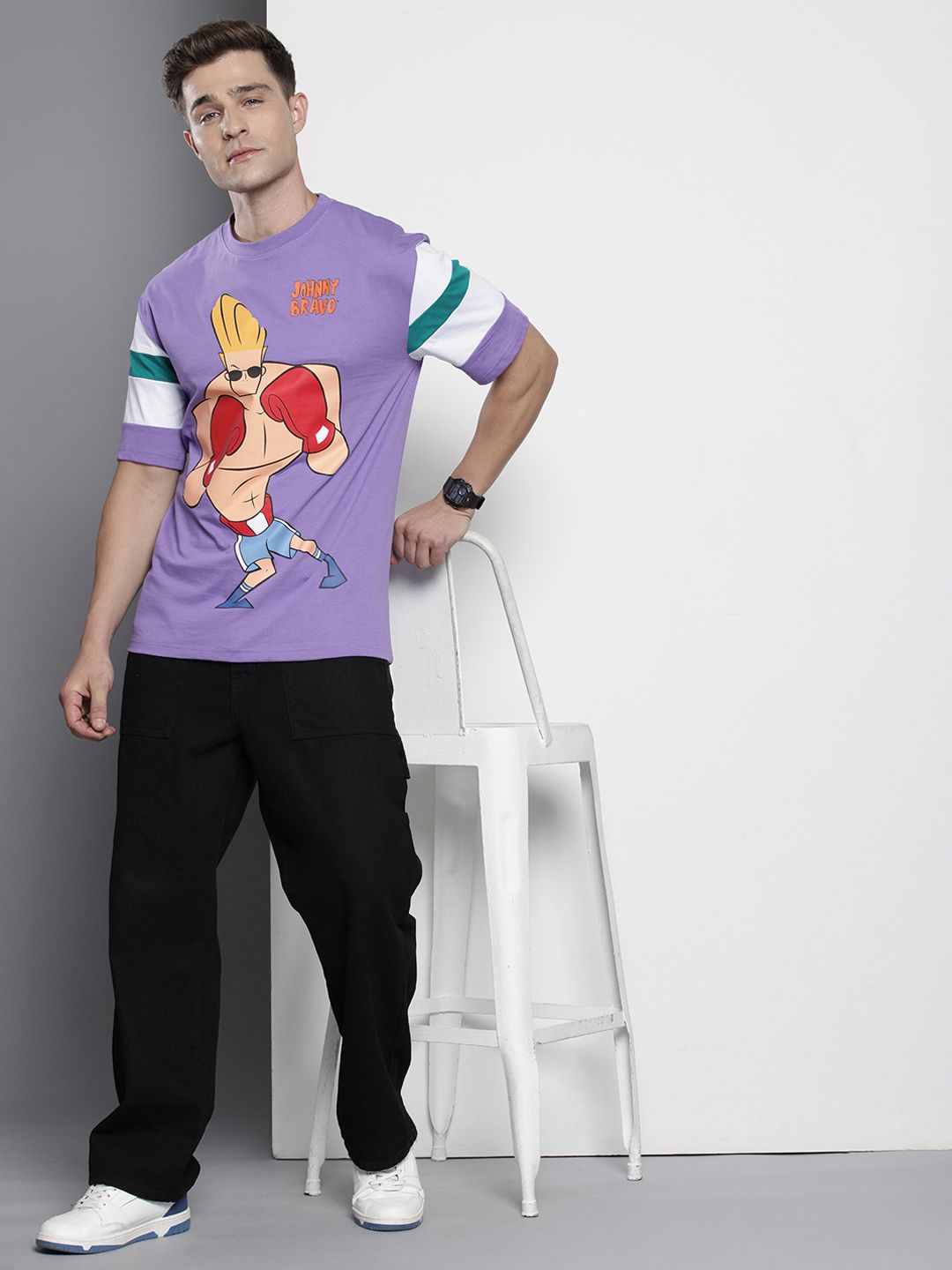 The Indian Garage Co Pure Cotton Johny Bravo Printed Drop-Shoulder Sleeves Boxy T-shirt