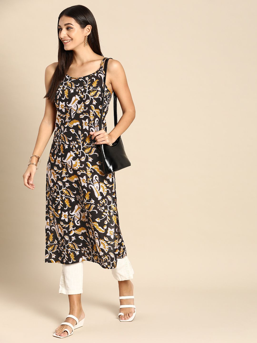 Anouk Women Black & White Ethnic Motifs Printed Pure Cotton Kurta
