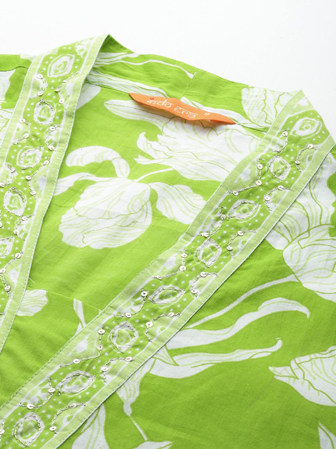 Indo Era Floral Printed Empire Sequinned Pure Cotton Kurta with Trousers