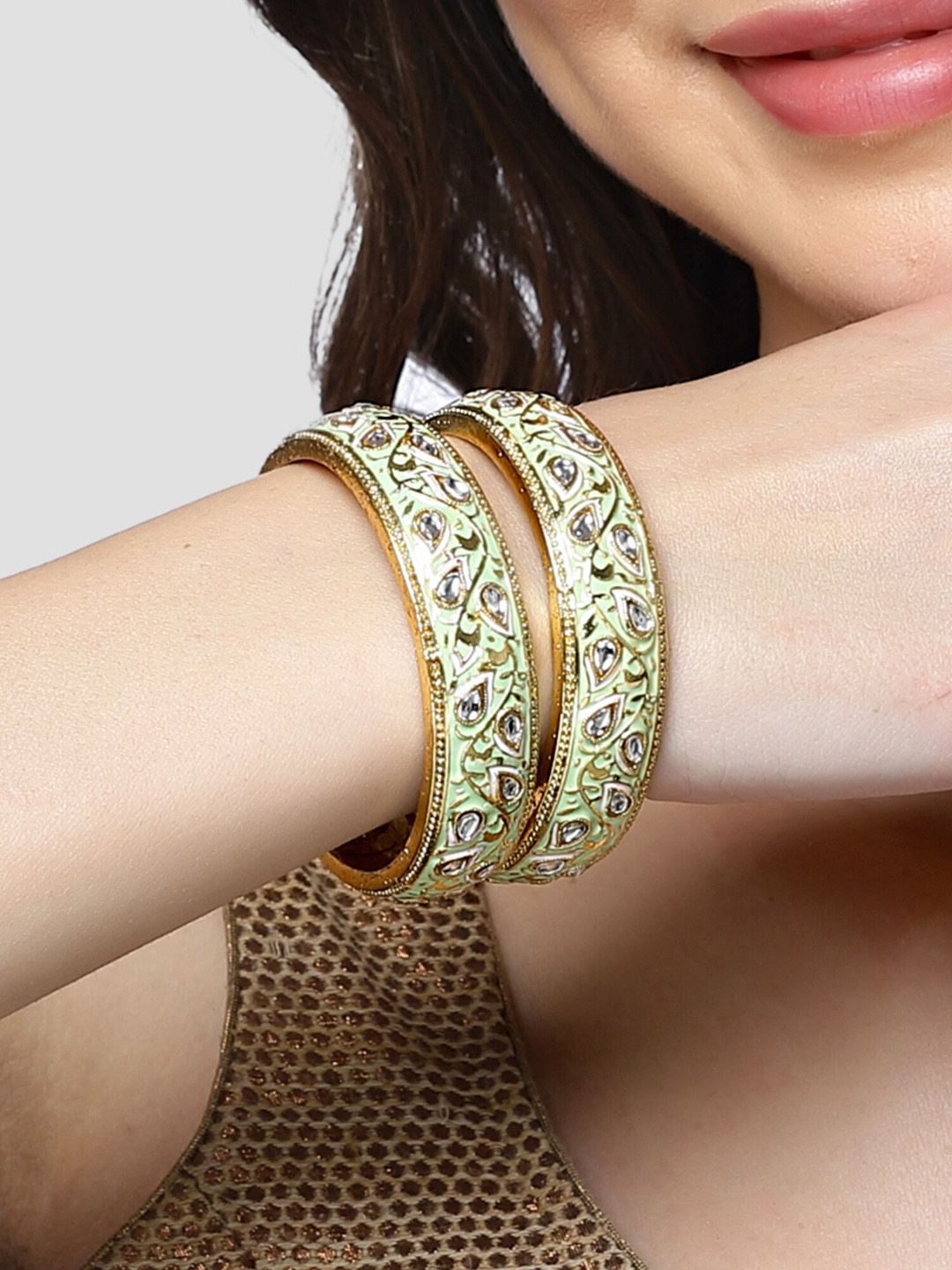 KARATCART Set Of 2 Gold-Plated Kundan-Studded Antique Bangles