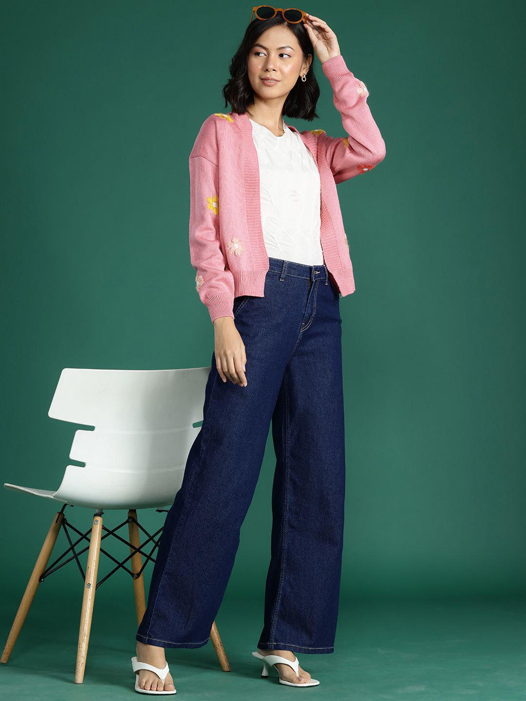 DressBerry Drop Shoulder Floral Embroidery Cardigan