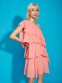 SASSAFRAS Pink One Shoulder Layered Georgette A-Line Dress
