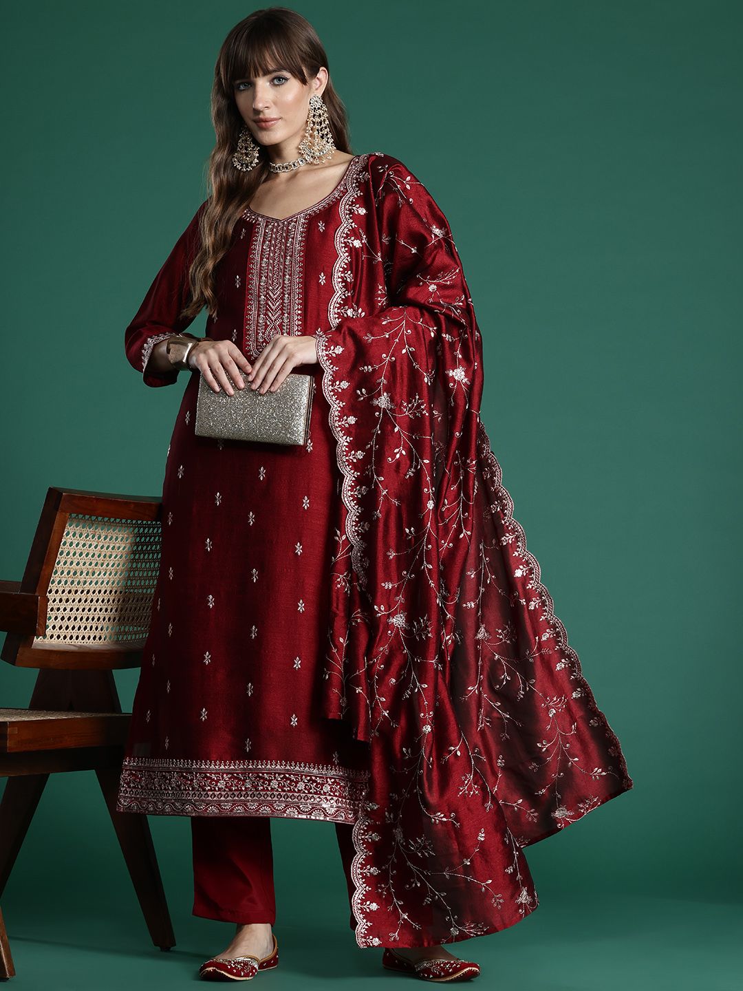 Indo Era Floral Embroidered Sequinned Kurta with Trousers & With Dupatta