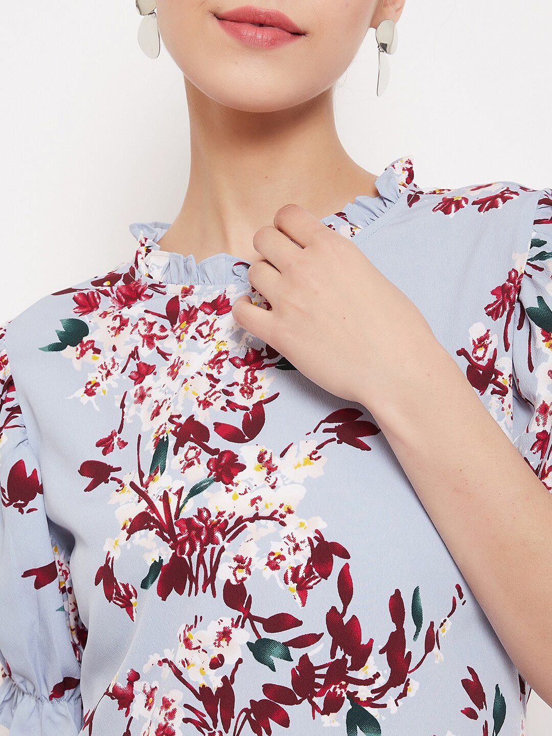 Berrylush Blue Floral Printed High Neck Top