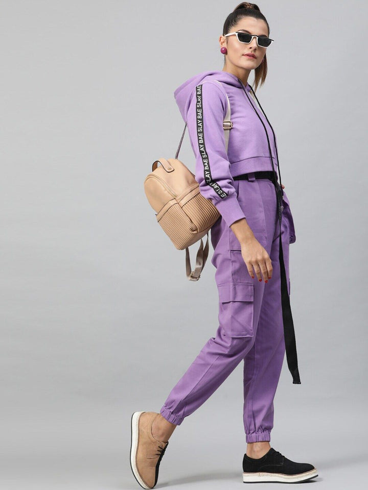 STREET 9 Women Lavender Solid Hooded Crop Sweatshirt