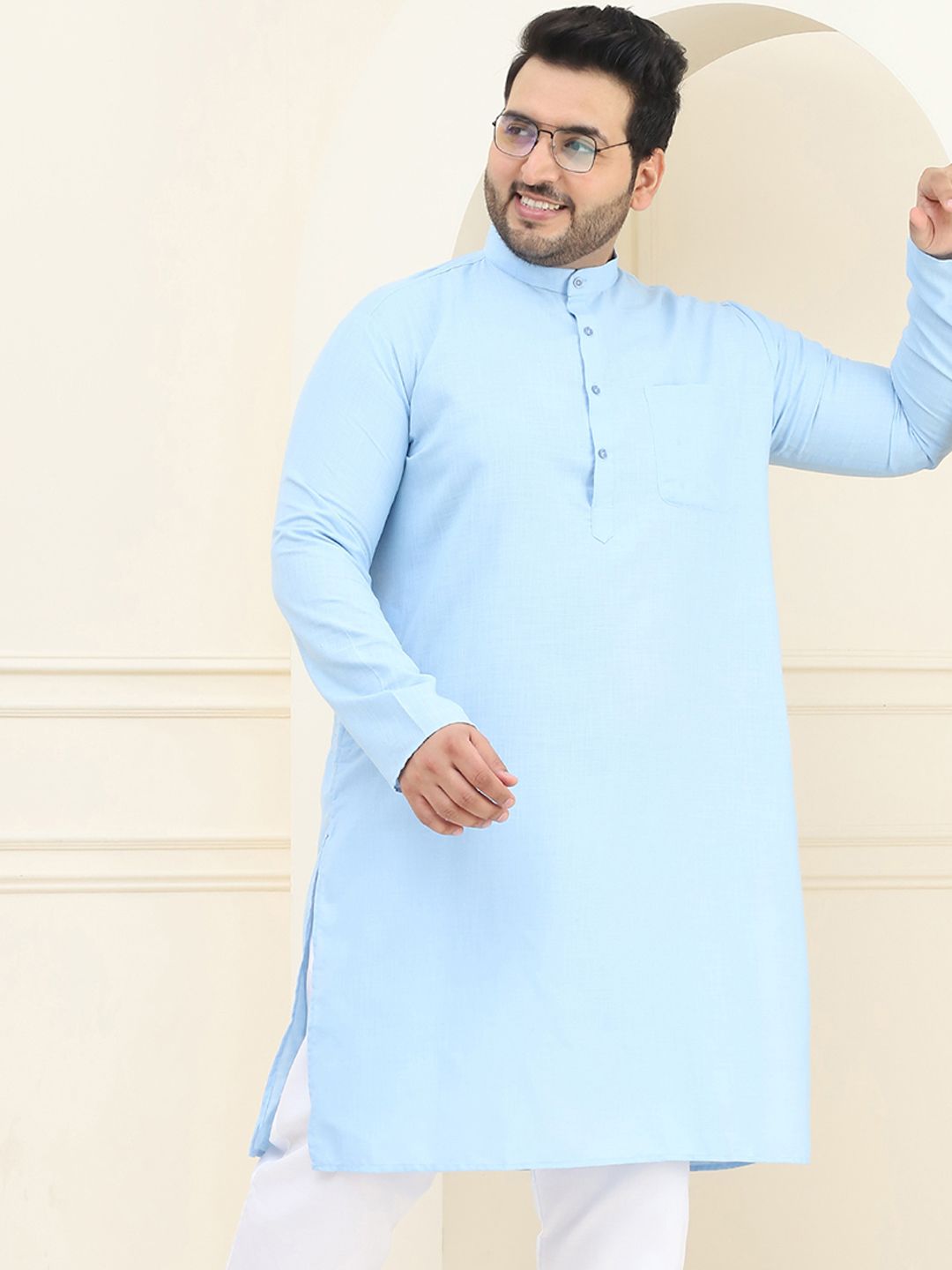 SOJANYA PLUS Lelaki Biru Solid Cotton Kurta Lurus