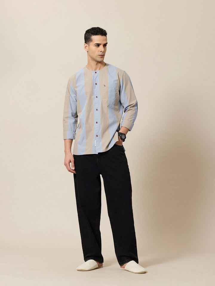 Mr Bowerbird Pure Cotton Collarless Striped Liberal Fit Casual Shirt