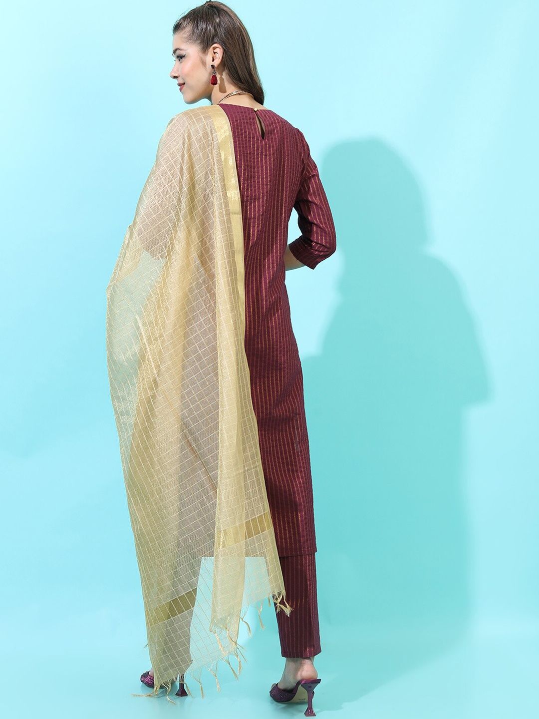 Vishudh Women Striped Pure Cotton Kurta with Trousrer & Dupatta