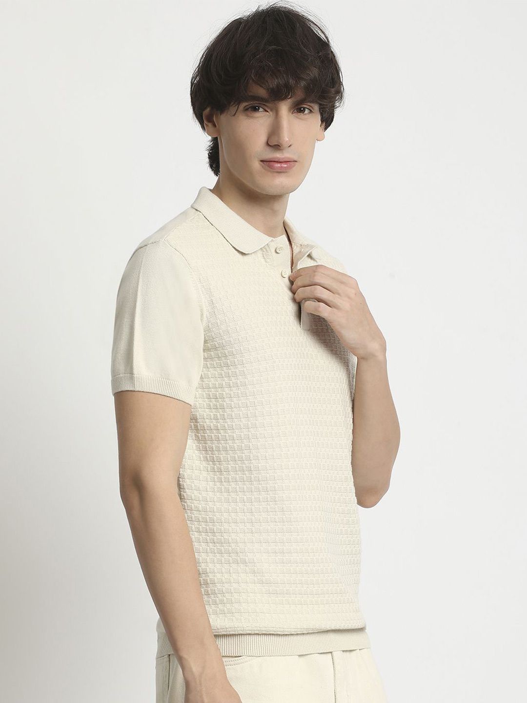 THE BEAR HOUSE Men Self Design Polo Collar Pure Cotton T-shirt