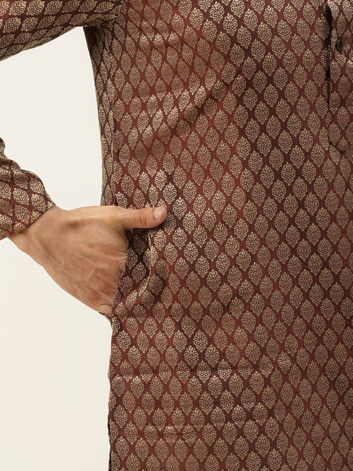 SOJANYA Men Maroon & Beige Ethnic Motifs Kurta with Churidar & Nehru Jacket