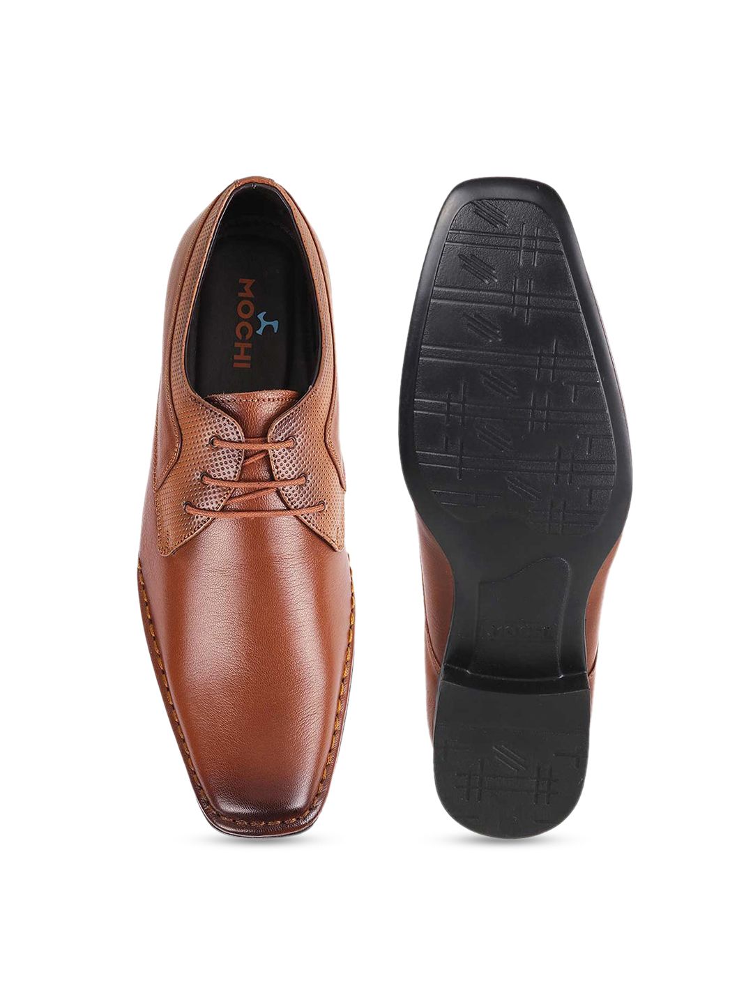 Mochi Men Tan Brown Solid Leather Formal Derbys