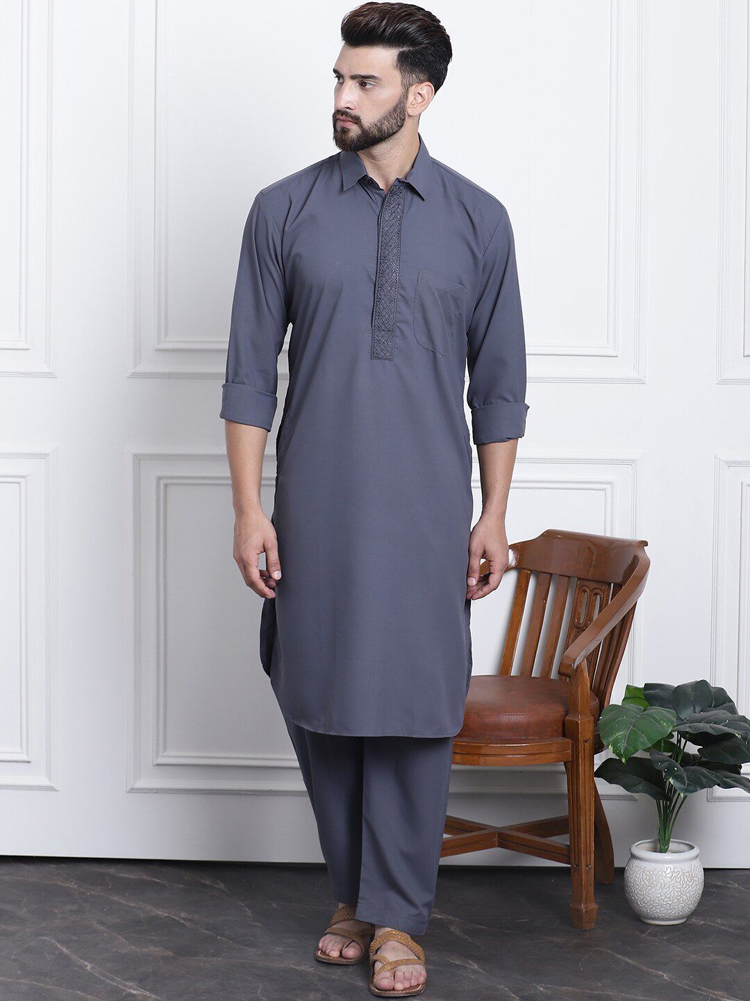 SOJANYA Shirt Collar Thread Work Pathani Pure Cotton Kurta with Salwar
