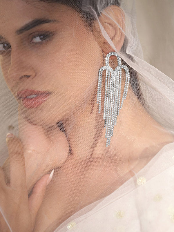 Rubans Rhodium-Plated Crystal Crystal Studded Contemporary Drop Earrings