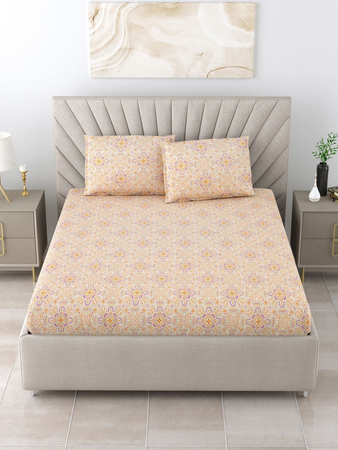 BOMBAY DYEING Epigram Yellow Floral Pure Cotton 120 TC Queen Bedsheet Set 2.24 m X 2.54 m