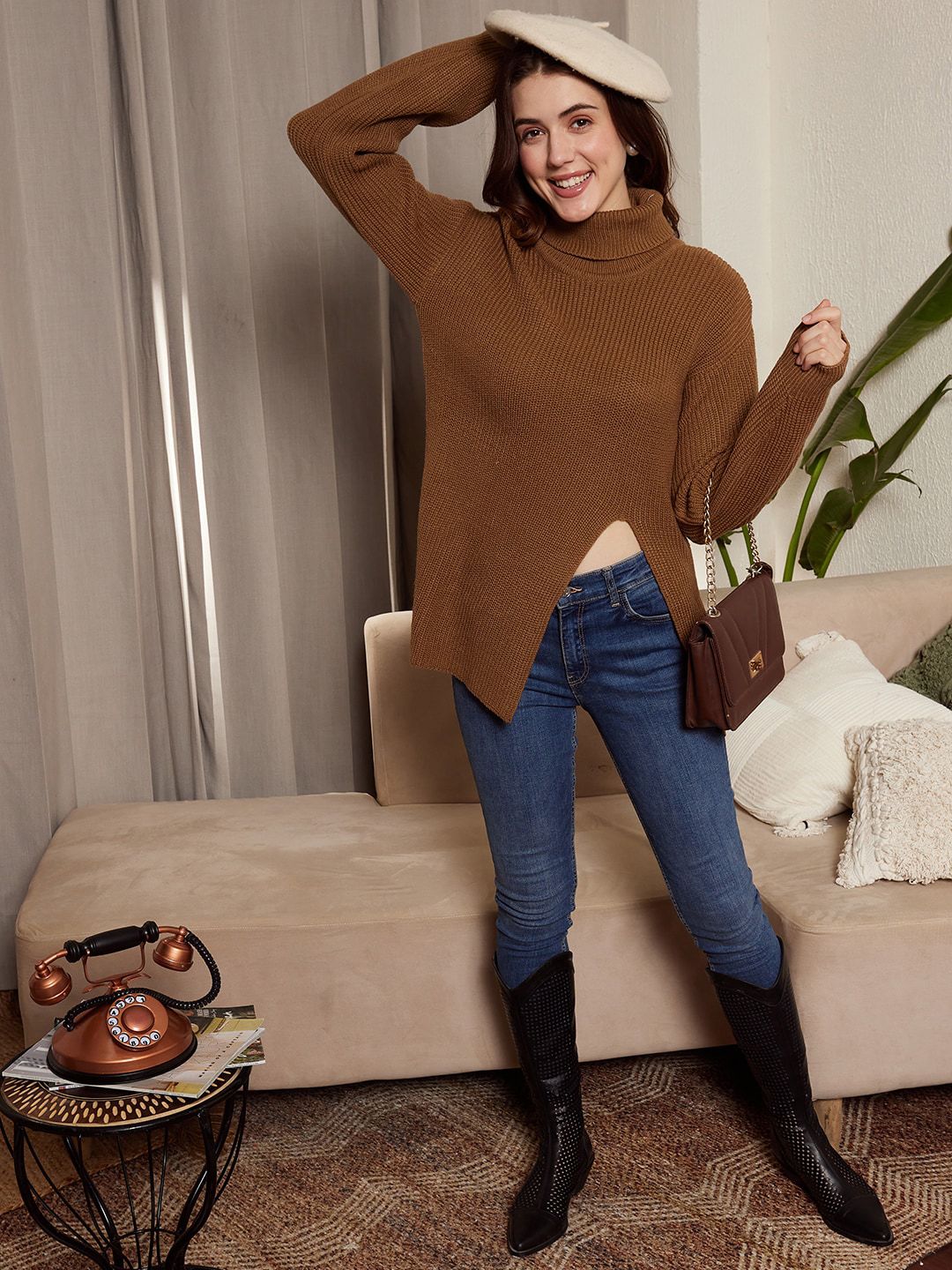 Berrylush Ribbed Longline Turtle Neck Acrylic Pullover Sweater