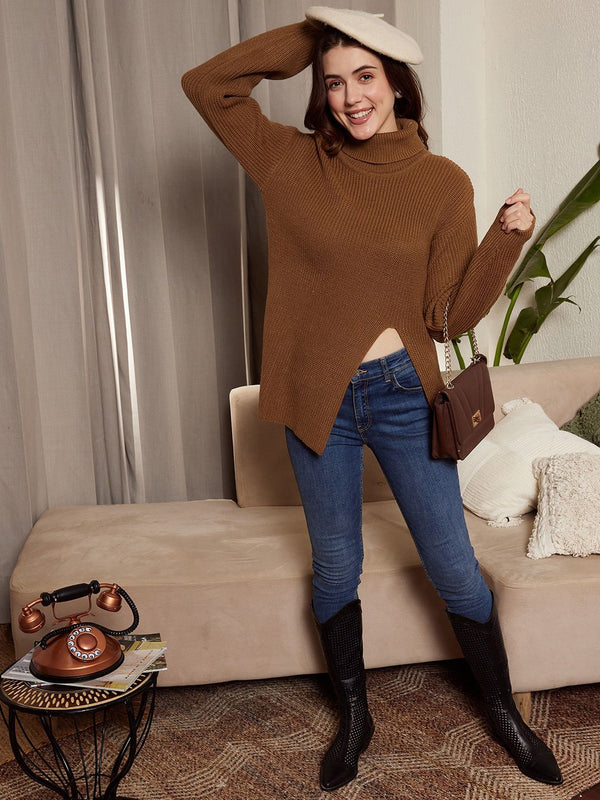 Berrylush Ribbed Longline Turtle Neck Acrylic Pullover Sweater