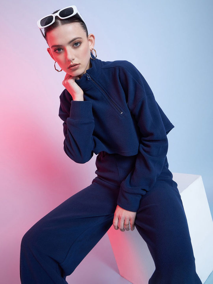 STREET 9 Navy Blue Mock Collar Crop Sweatshirt