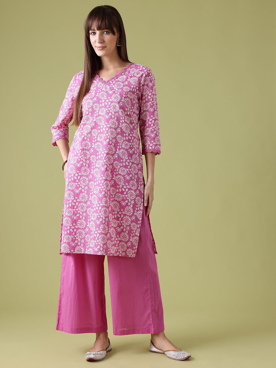 Anouk Floral Printed Lace Insert Detail Pure Cotton Straight Kurta with Trousers