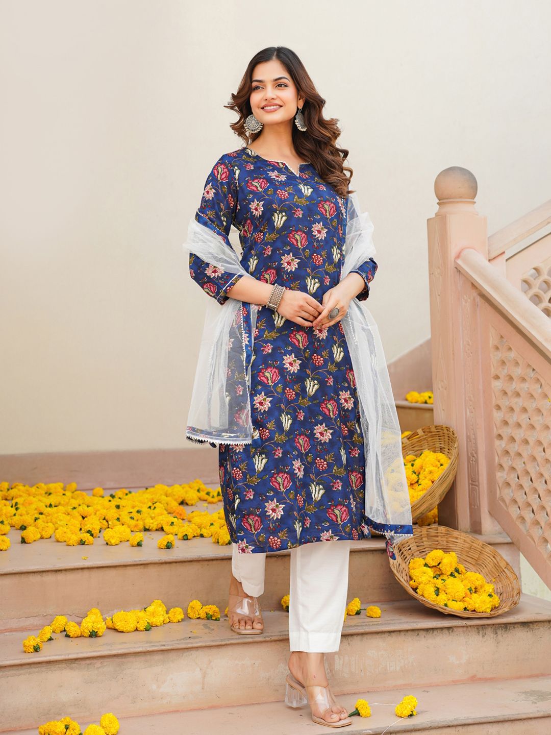 KALINI Floral Printed Gotta Patti Detail Straight Kurta & Trousers With Dupatta