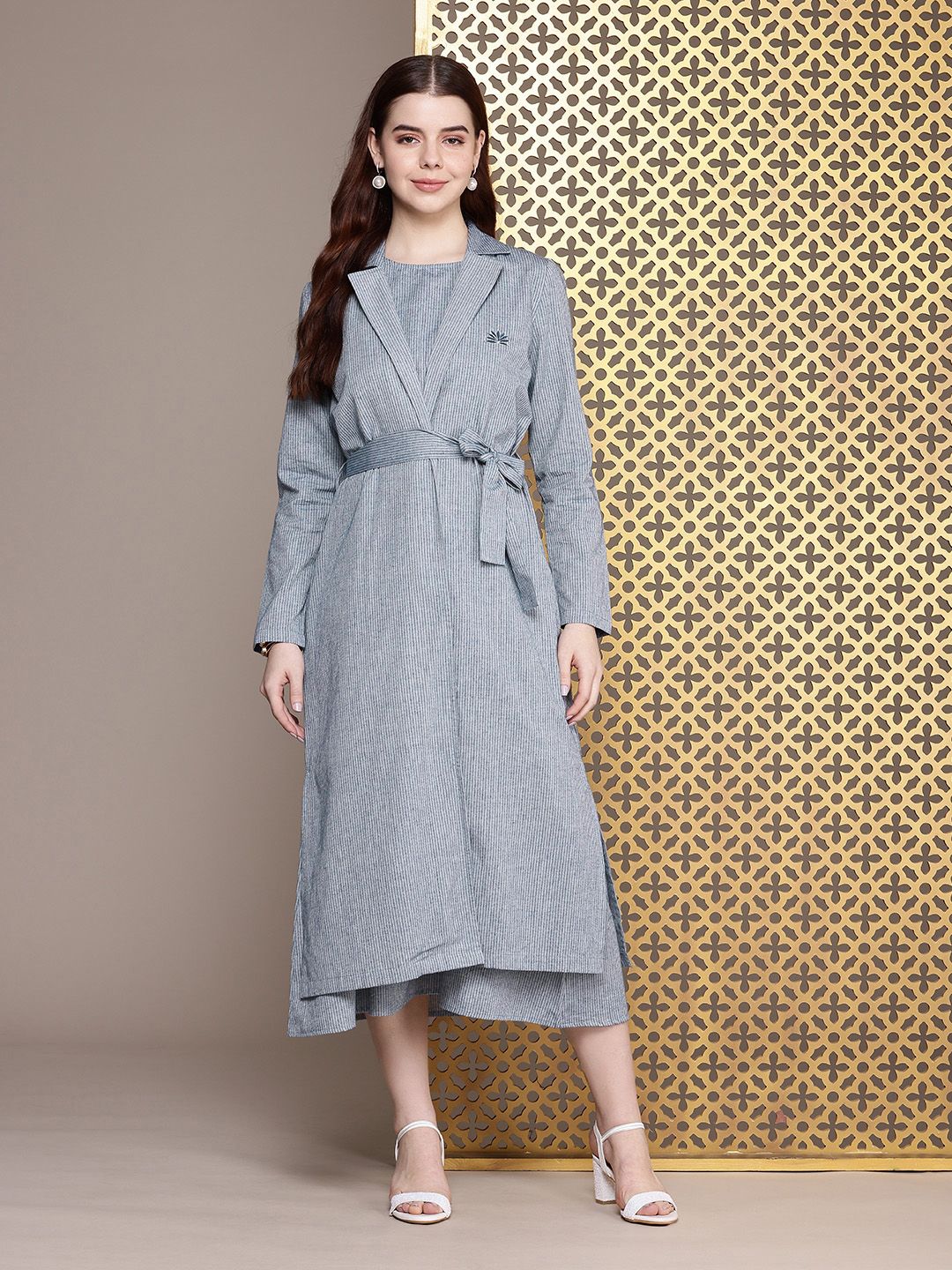 House of Pataudi Pure Cotton Striped A-Line Midi Jashn Dress With Overcoat