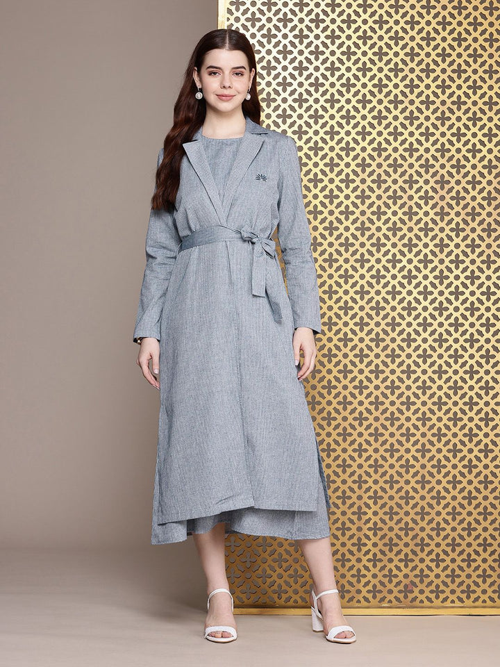 House of Pataudi Pure Cotton Striped A-Line Midi Jashn Dress With Overcoat