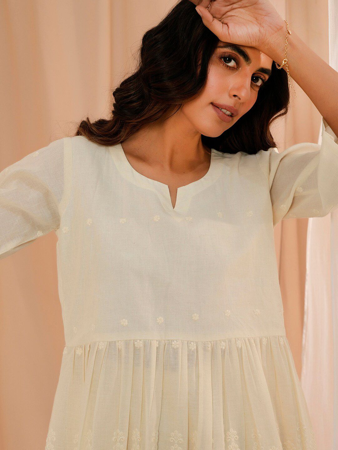Libas Off White Self Design Round Neck Pure Cotton Kurti With Palazzos