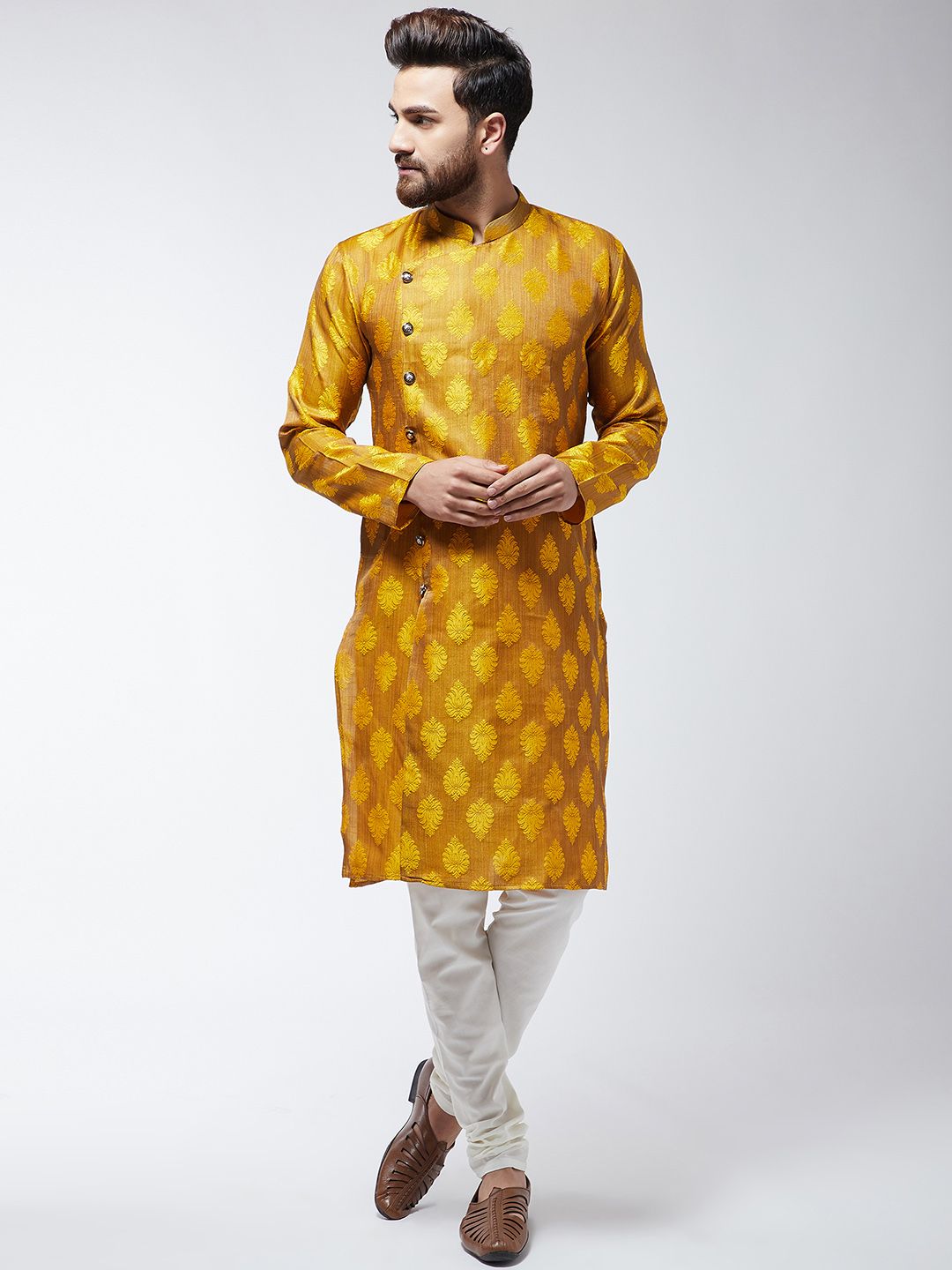 SOJANYA Lelaki Mustard Jacquard Silk Sulam Kurta Lurus
