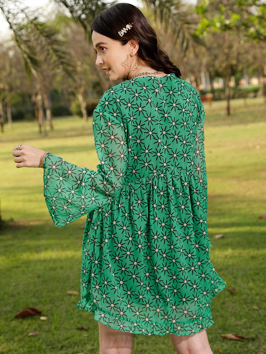 STREET 9 Green & Black Floral Printed A-Line Dress