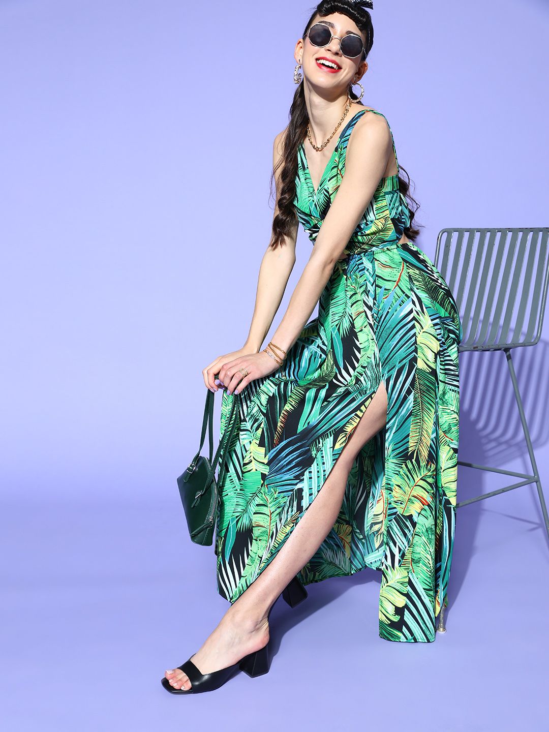 Berrylush Women Green & Yellow Tropical Print Crepe A-Line Maxi Dress