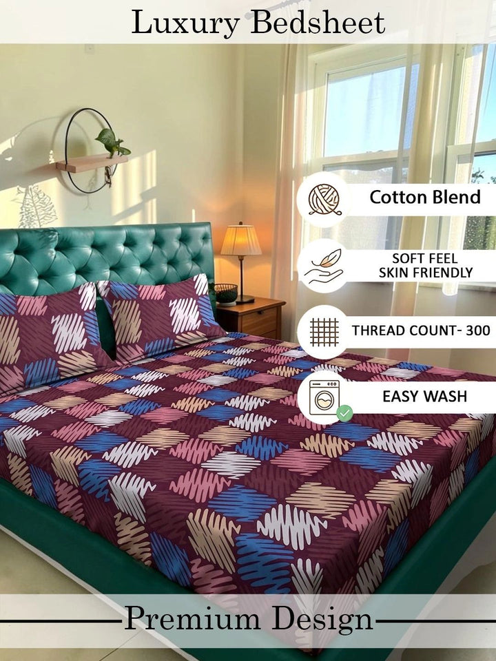 Moda Rapido X KLOTTHE Multicoloured Geometric 300 TC King Bedsheet with 2 Pillow Covers
