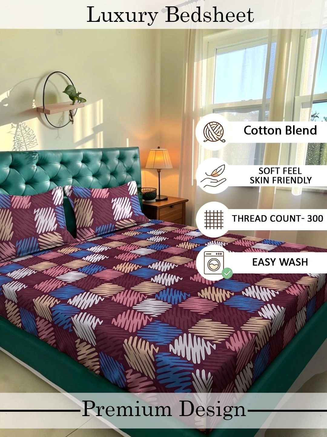 Moda Rapido X KLOTTHE Multicoloured Geometric 300 TC King Bedsheet with 2 Pillow Covers
