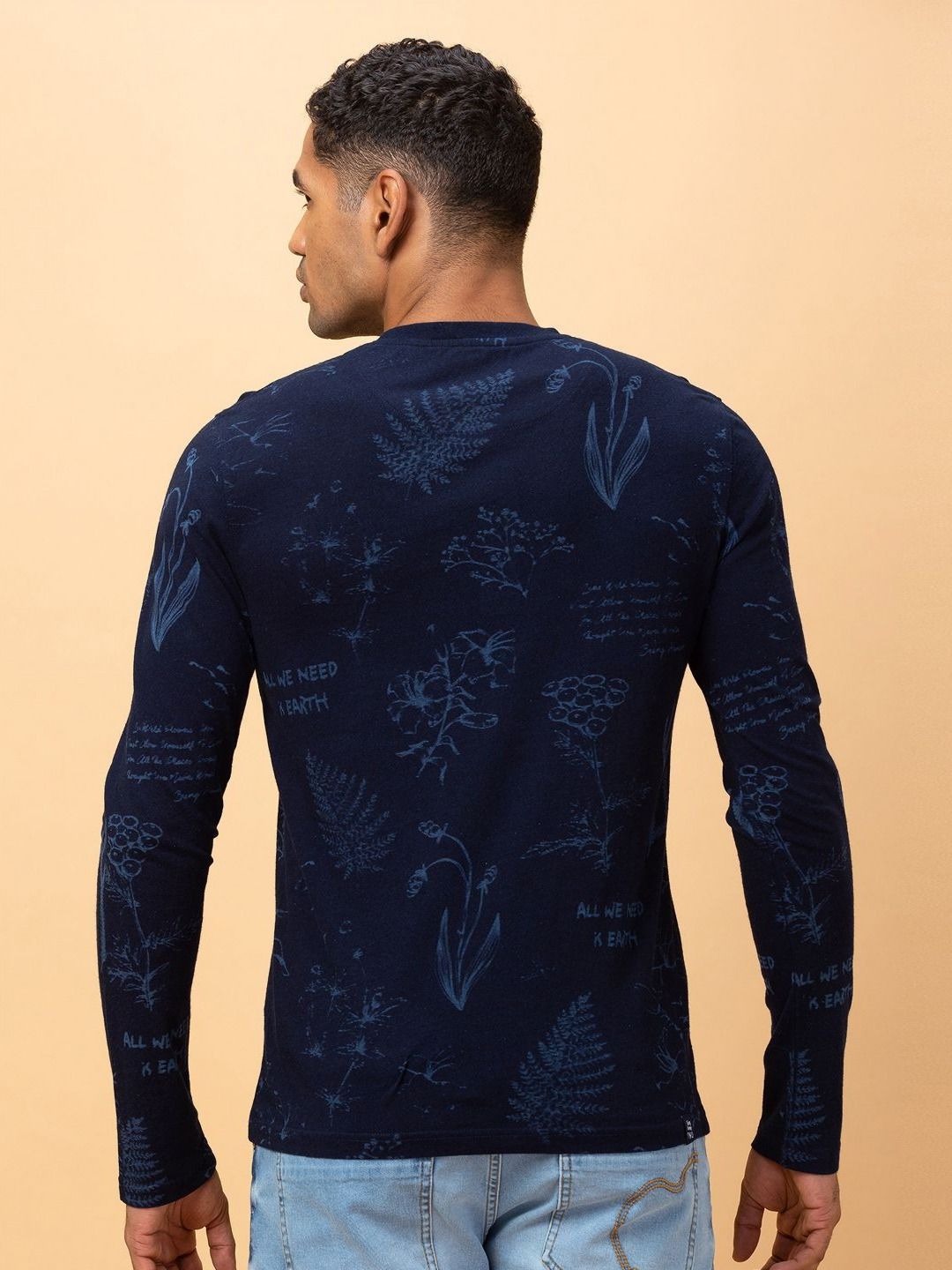 Being Human Pure Cotton Printed Henley Neck Raw Edge T-shirt