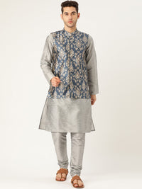 SOJANYA Ethnic Motif Printed Mandarin Collar Kurta With Churidar & Nehru Jacket