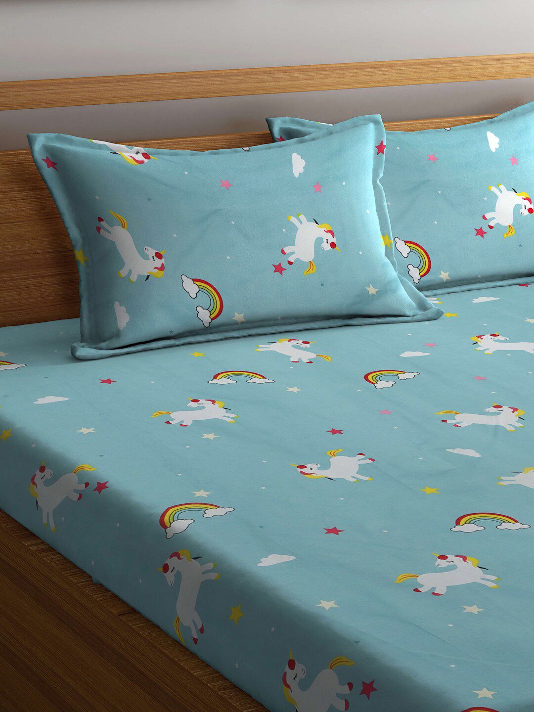 KLOTTHE Blue Conversational Cotton 300 TC Fitted King Fine Bedsheet with 2 Pillow Covers-98 x 87 inches
