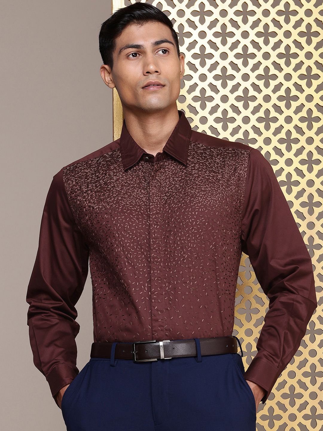 House of Pataudi Self Design Pure Cotton Opaque Party Shirt