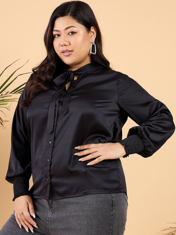 CURVY STREET Plus Size Tie Up Neck Comfort Opaque Satin Casual Shirt