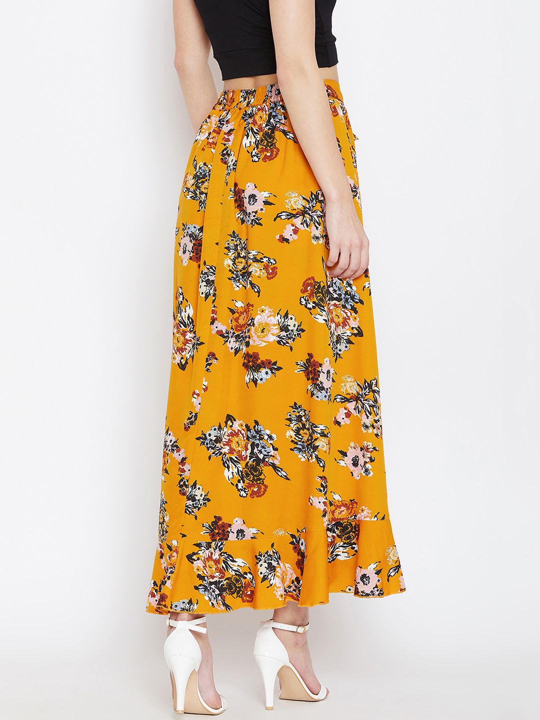 Berrylush Mustard Yellow Printed Flared Maxi Skirt