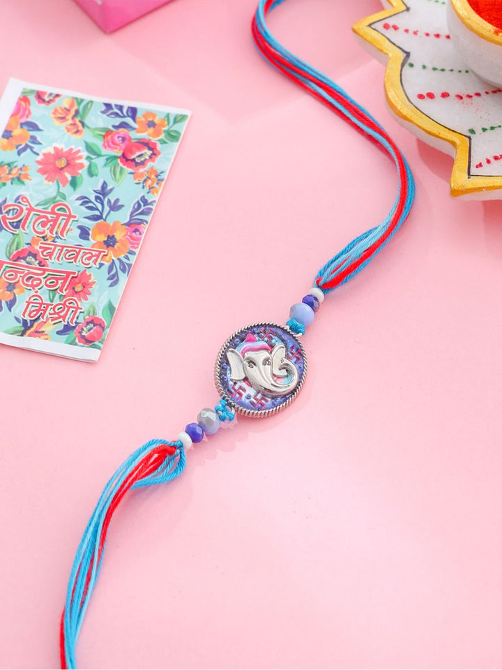 NVR Unisex Red & Blue Ganesh Ji Thread Rakhi With Roli Chawal